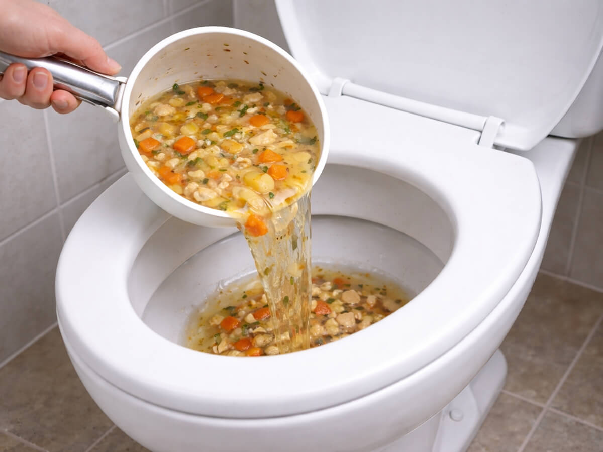 Человек сливает суп в туалет