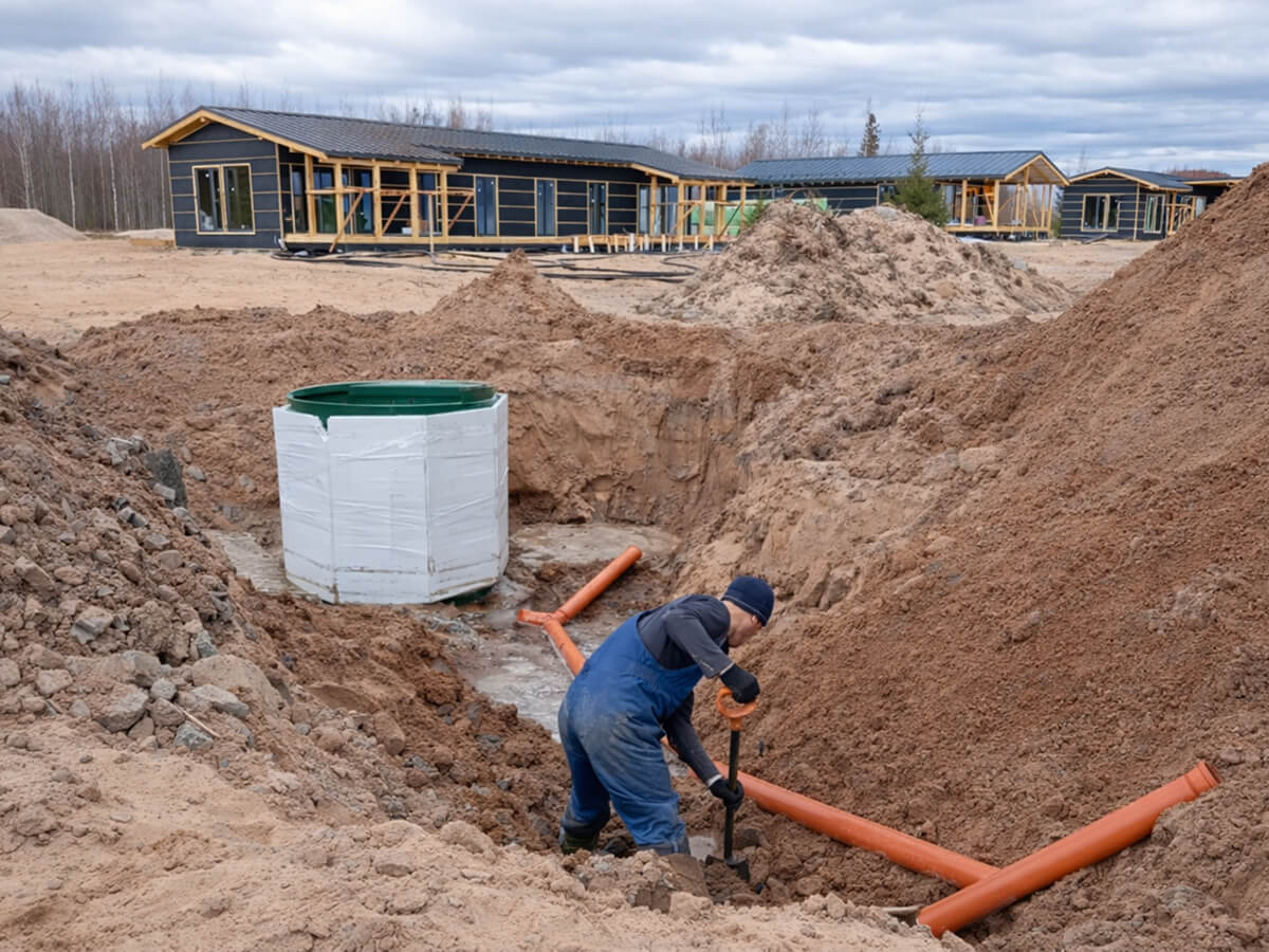 Монтаж канализационных труб в траншее рядом с септиком