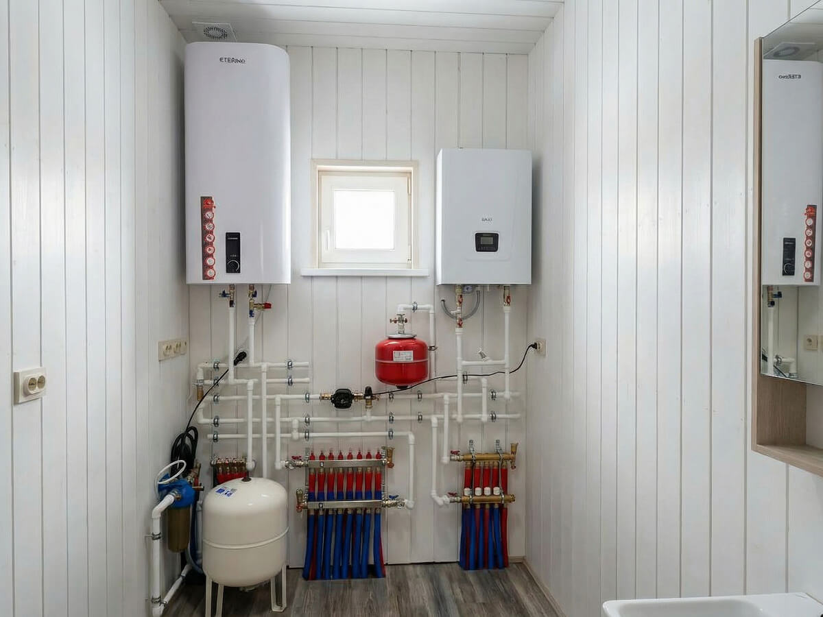 Техническое помещение с настенным котлом и коллекторной системой распределения отопления