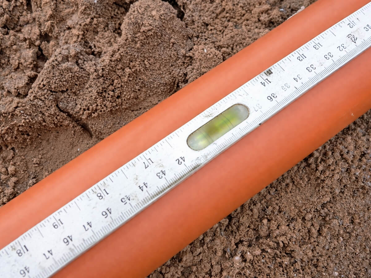 Проверка уклона канализационной трубы строительным уровнем