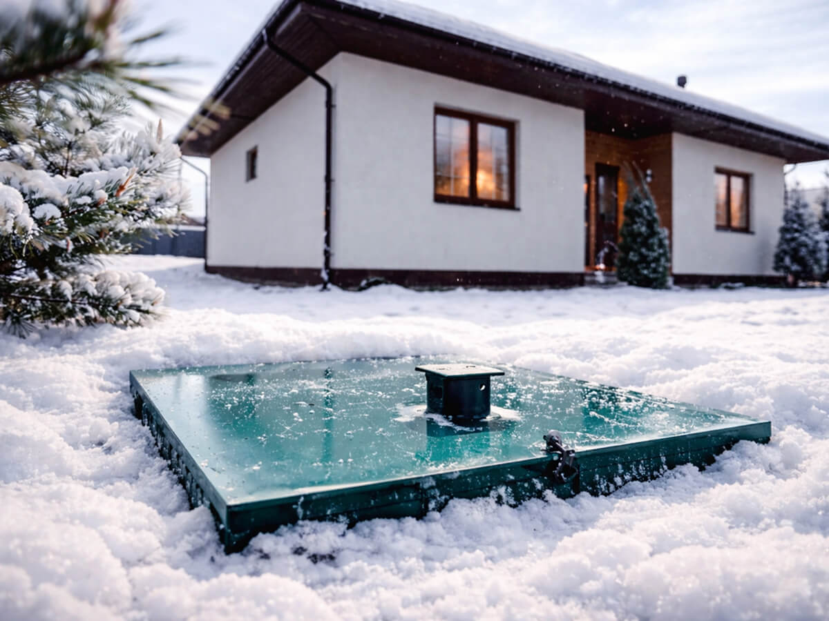 Септик на участке частного дома зимой