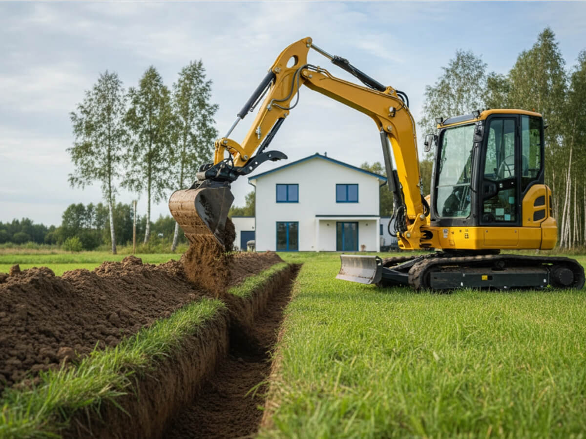 Трактор копает траншею на участке