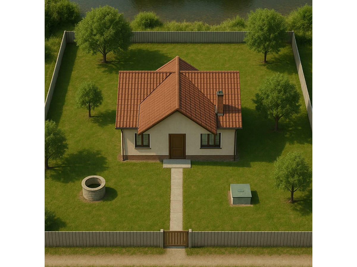 Вид участка с колодцем с септиком сверху